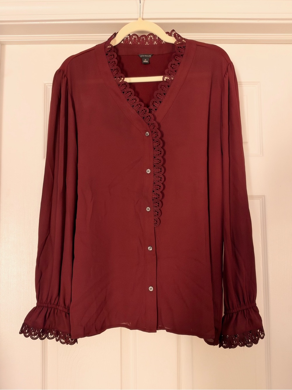 Ann Taylor Burgundy Lace-Trim Button Front Blouse